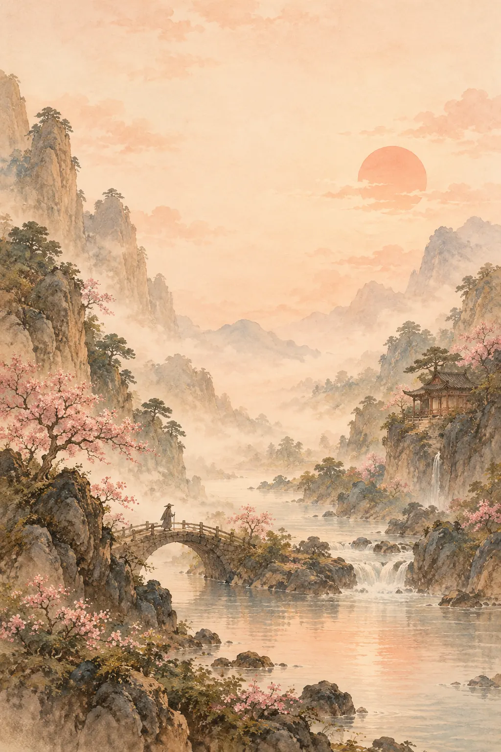 Watercolor mountains, blossoms and a quiet bridge
